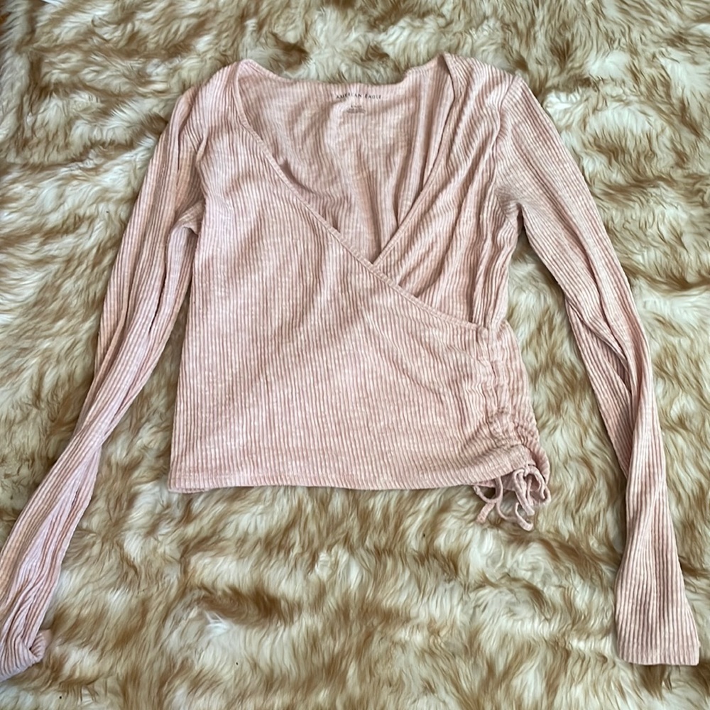 American Eagle Outfitters Pink Ribbed Wrap-Style Long Sleeve Top